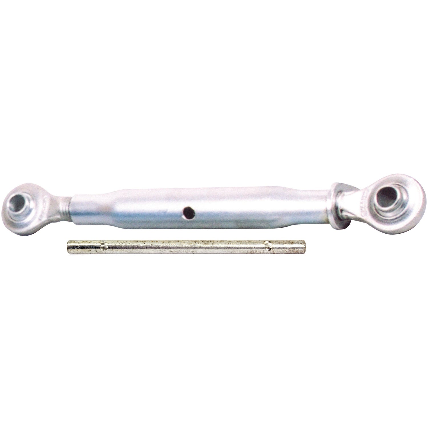 The Sparex Top Link (Cat.2/2) Ball and Ball, model number S.15849, is an aluminum adjustable tie rod equipped with spherical rod ends and a metal pin below, featuring a precise thread size of 1 1/8'' and a minimum length of 605mm.