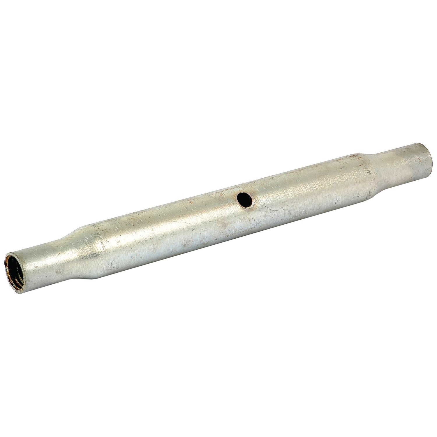 The Top Link Centre Tube - S.330 by Sparex is a cylindrical metal pipe featuring a small hole near the center and visible threading inside both ends, making it ideal for various applications requiring secure connections.