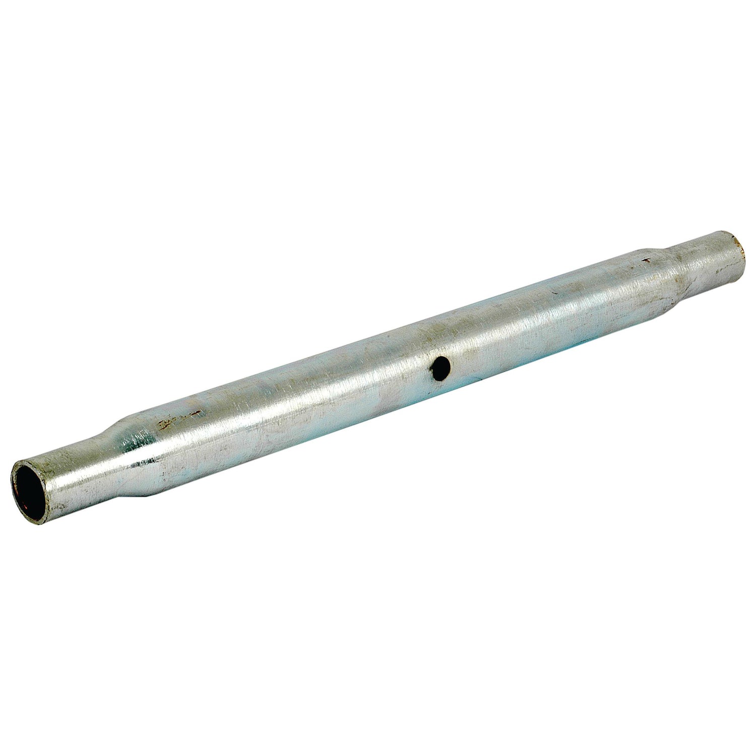 The Top Link Centre Tube - S.331 from Sparex is a cylindrical metal pipe with tapered ends and a small central hole, suitable for various manufacturing applications.