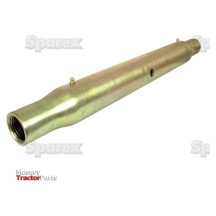 A cylindrical metal tractor part with threaded ends and attachments, identified as the Top Link Centre Tube - S.1544 from the brand Sparex, features metric thread size and a zinc coating for added durability. The background prominently displays "Sparex" and "Massey Tractor Parts" logos.