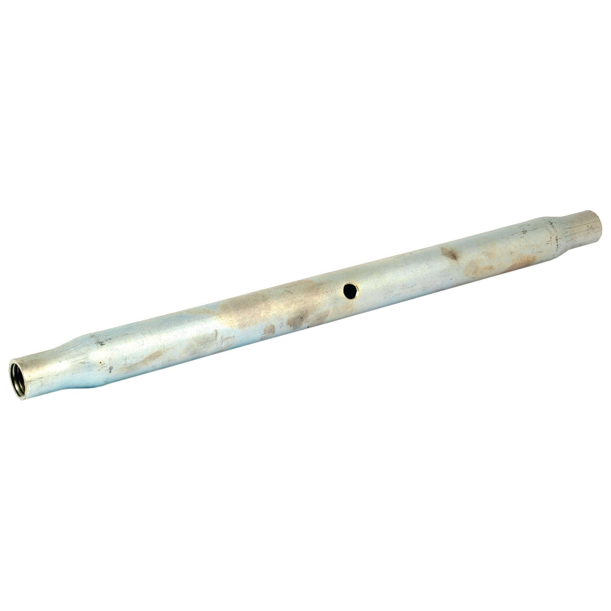 A Top Link Centre Tube - S.15657 from Sparex, featuring a metal cylindrical design with a small hole near the center and threaded ends, finished in a sleek Zinc color.