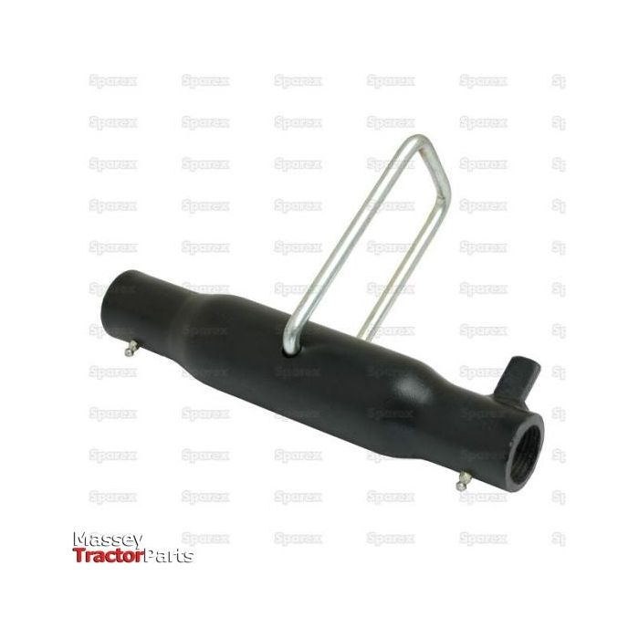Top Link Centre Tube (S.29320) by Sparex, featuring a black exhaust pipe with a silver brace, ideal for use in tractors. The image includes a watermark background and the "Massey Tractor Parts" logo in the bottom left corner. Manufacture information is available upon request.