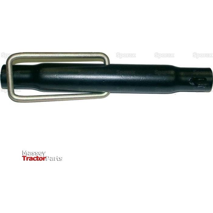 The Top Link Centre Tube - S.29420 by Sparex, featuring a black cylindrical design with an attached rectangular metal bracket, is shown against a white background. The "Massey Tractor Parts" logo is visible in the bottom left corner, indicating its suitability for various industrial applications.