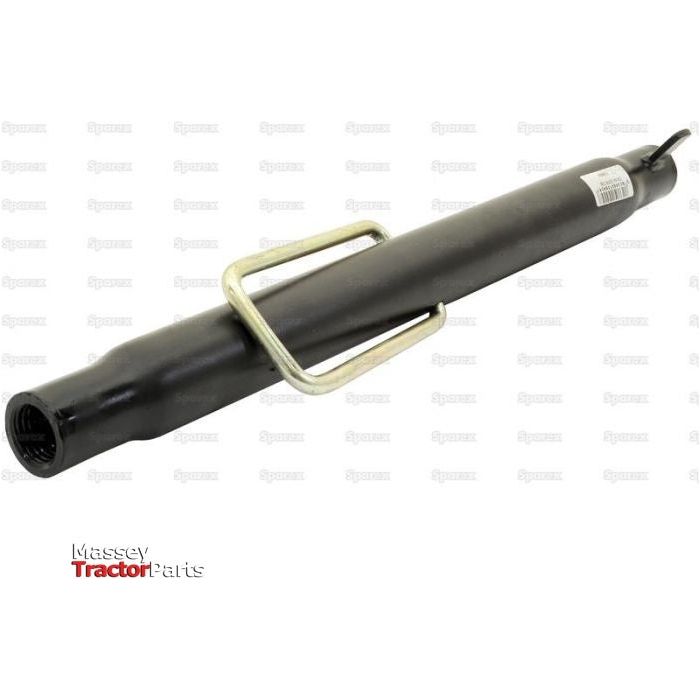 A black Top Link Centre Tube with a metal clamp attached, labeled "Sparex." Suitable for Massey models, the product specifications include durable materials and reliable performance.