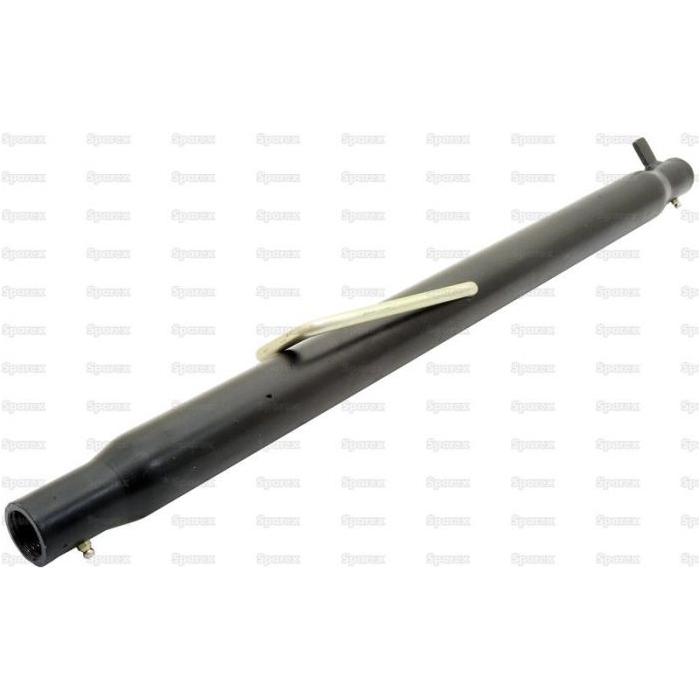 A black, cylindrical Sparex Top Link Centre Tube - S.29426 exhaust or silencer pipe with an attached clamp is displayed on a plain white background. This versatile product is suitable for various applications and comes with comprehensive manufacturing information and detailed product specifications, ensuring you select the perfect fit for your requirements.