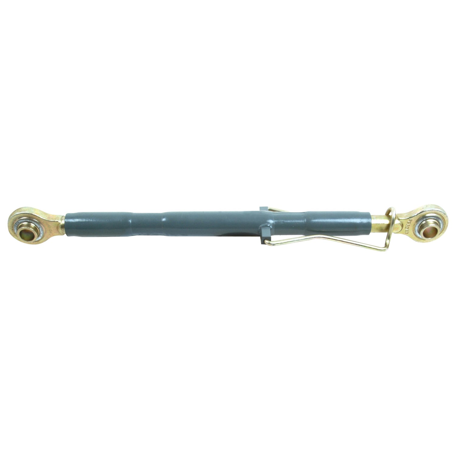 Image of a grey metal turnbuckle featuring gold-colored threaded eye bolts at each end, designed for tensioning and adjusting the length of assemblies like cables or tie rods. This heavy-duty implement, known as the Sparex Top Link Heavy Duty (Cat.2/2) Ball and Ball, 1 1/4'', with a minimum length of 680mm (S.15347), is Massey Ferguson compatible, ensuring reliable performance in demanding applications.