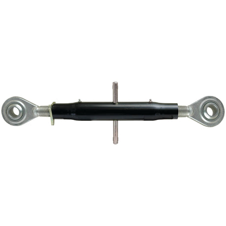 Close-up of the Sparex Top Link Heavy Duty (Cat.2/2) Ball and Ball, 1 3/8'', Min. Length: 555mm. - S.15556, featuring dual eye bolts connected by a black threaded body and centering pin.