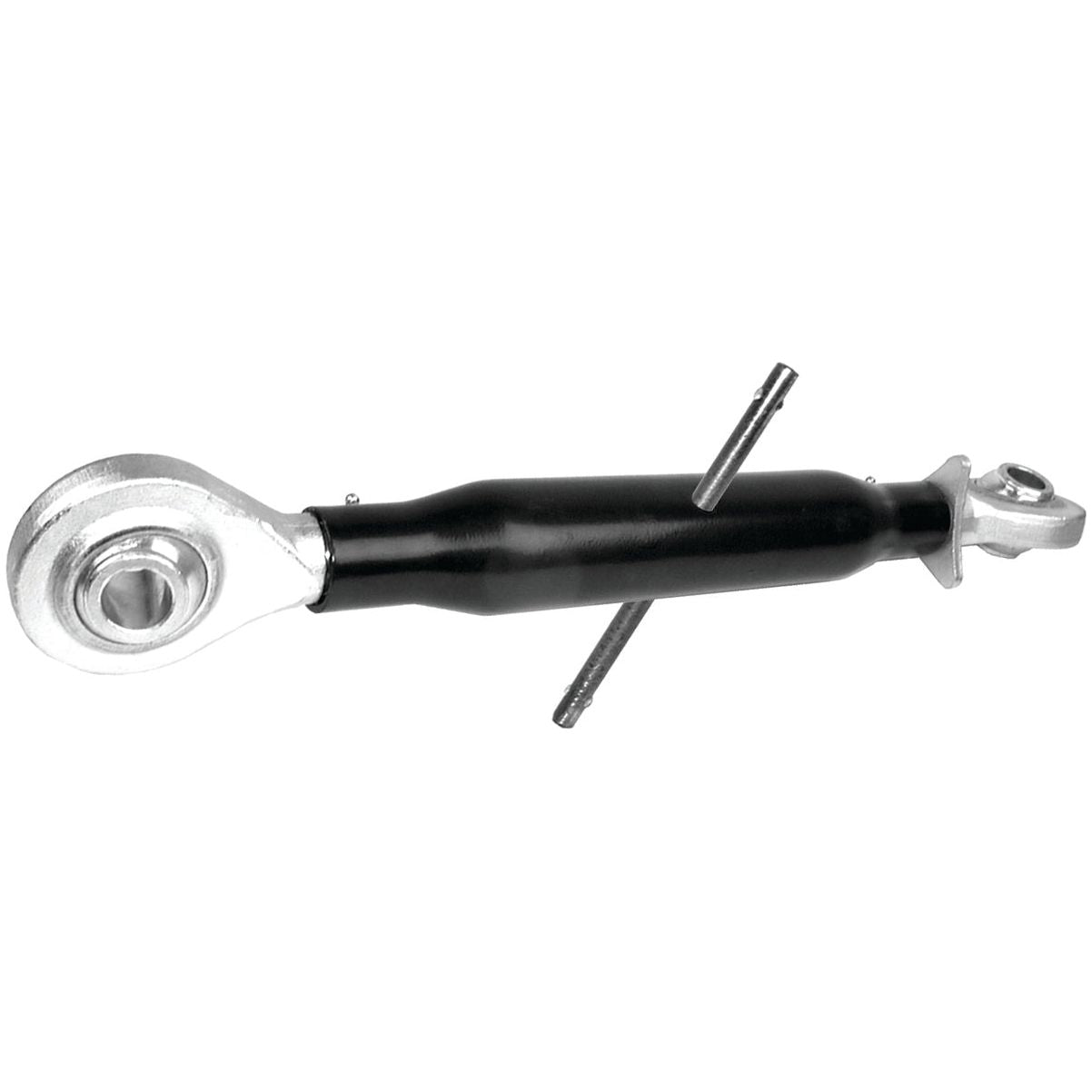 Close-up of a black and silver Top Link Heavy Duty (Cat.2/2) Ball and Ball, 1 3/8'', featuring a chrome rod protruding from the side. This heavy-duty hydraulic cylinder has a minimum length of 555mm and is manufactured by Sparex, product number S.15556.
