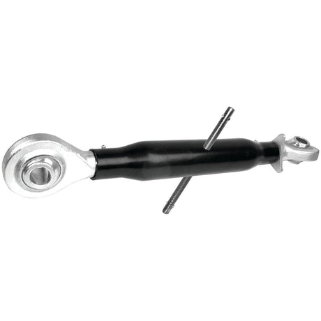 Close-up of a black and silver Top Link Heavy Duty (Cat.2/2) Ball and Ball, 1 3/8'', featuring a chrome rod protruding from the side. This heavy-duty hydraulic cylinder has a minimum length of 555mm and is manufactured by Sparex, product number S.15556.