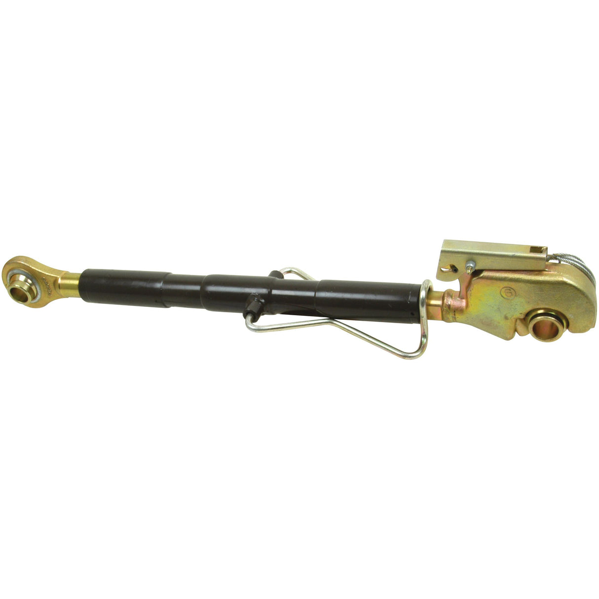 Introducing the Sparex Top Link Heavy Duty (Cat.2/2) Ball and Q.R. Hook, 1 1/4'', S.42059: a robust metallic hydraulic cylinder designed with a black body, gold-colored ends, and a metal linkage mechanism, featuring a pivoting rod on one side and a flat mounting bracket on the other.
