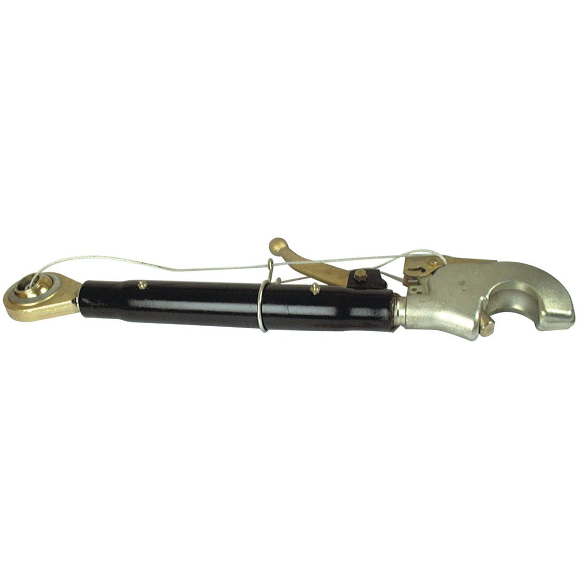 Close-up of a heavy-duty implement: the Sparex Top Link Heavy Duty (Cat.2/3) Ball and Q.R. Hook (S.74382), featuring a metal hook, black handle, and attached rope, with a minimum length of 610mm.