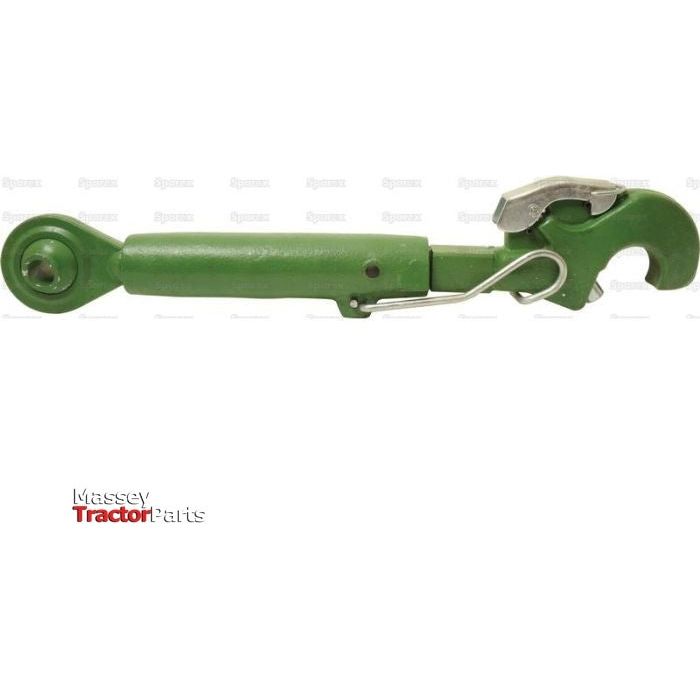 The Top Link Heavy Duty (Cat.2/3) Ball and Q.R. Hook, M36 x 4.00, Min. Length: 510mm (Product Code: S.28784) by Sparex includes a locking pin for secure attachment within the three-point hitch system. Suitable for a variety of farming applications, this robust green agricultural tractor top link hook comes with detailed specifications available upon request.