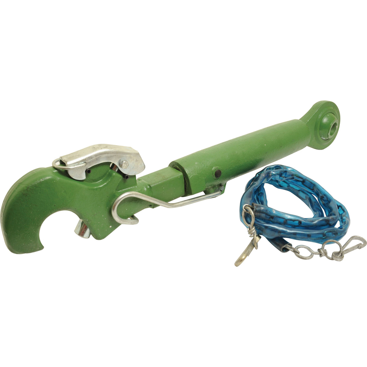 A robust Top Link Heavy Duty (Cat.2/3) Ball and Q.R. Hook in green with an attached blue chain, ideal for securing loads reliably, offered by Sparex - S.28784 with a minimum length of 510mm and threaded M36 x 4.00 dimensions.