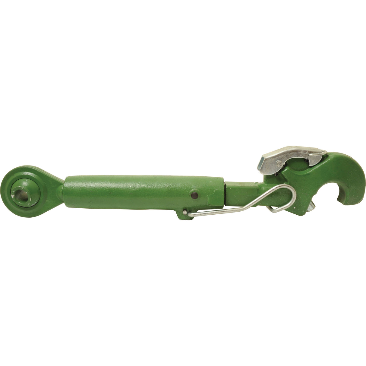 Introducing the Top Link Heavy Duty (Cat.2/3) Ball and Q.R. Hook, M36 x 4.00, Min. Length: 510mm. - S.28784 by Sparex: a robust green ratchet turnbuckle featuring a quick-release hook on one end and a circular ball attachment point on the other, designed for precise tension and length adjustments of cables or ropes in various applications.