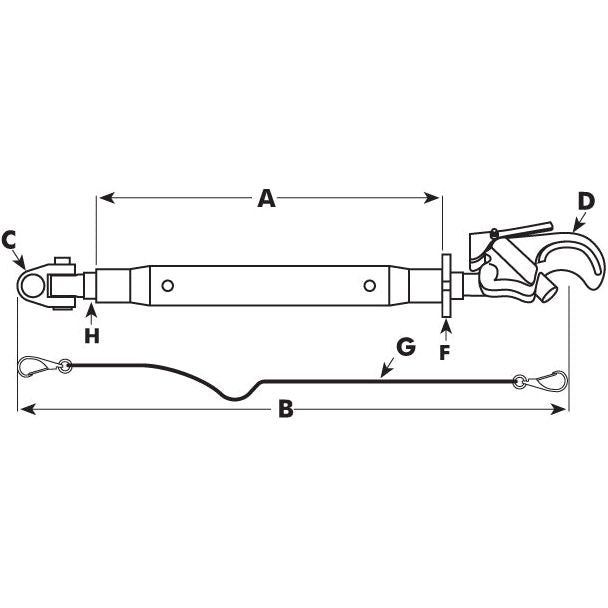Diagram of the Top Link Heavy Duty (Cat.2/3) Knuckle and Q.R. Hook, M36x3, Min. Length: 610mm - S.74386 by Sparex with various labeled components and measurements, suitable for 180hp tractors.