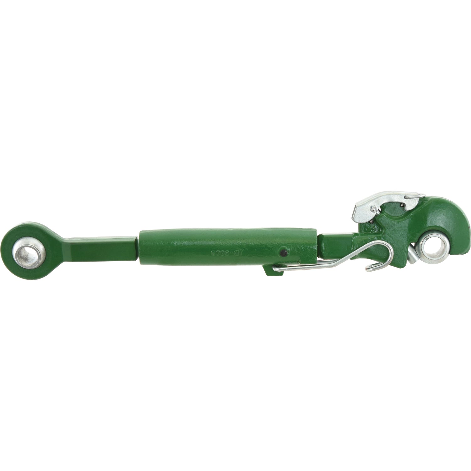 Image of a green Sparex Top Link Heavy Duty (Cat.3/3) with ball and quick release hook, M36x4 threads, minimum length 635mm (Sparex Part No. S.150433), designed for John Deere compatible tractors and commonly used in agricultural machinery for attaching implements.