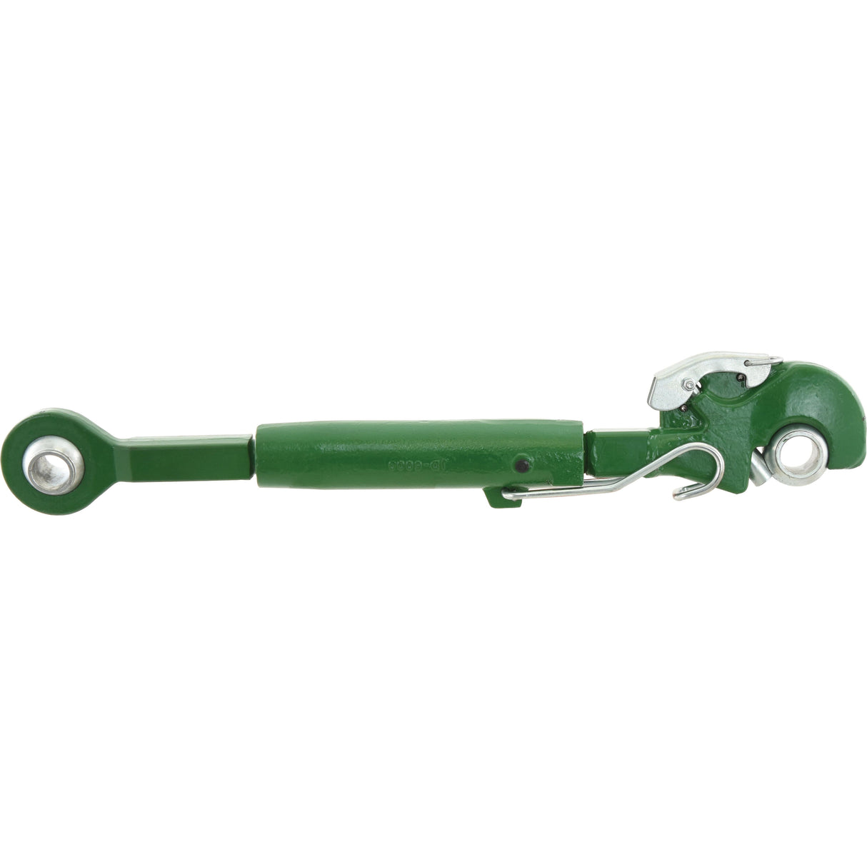 Image of a green Sparex Top Link Heavy Duty (Cat.3/3) with ball and quick release hook, M36x4 threads, minimum length 635mm (Sparex Part No. S.150433), designed for John Deere compatible tractors and commonly used in agricultural machinery for attaching implements.