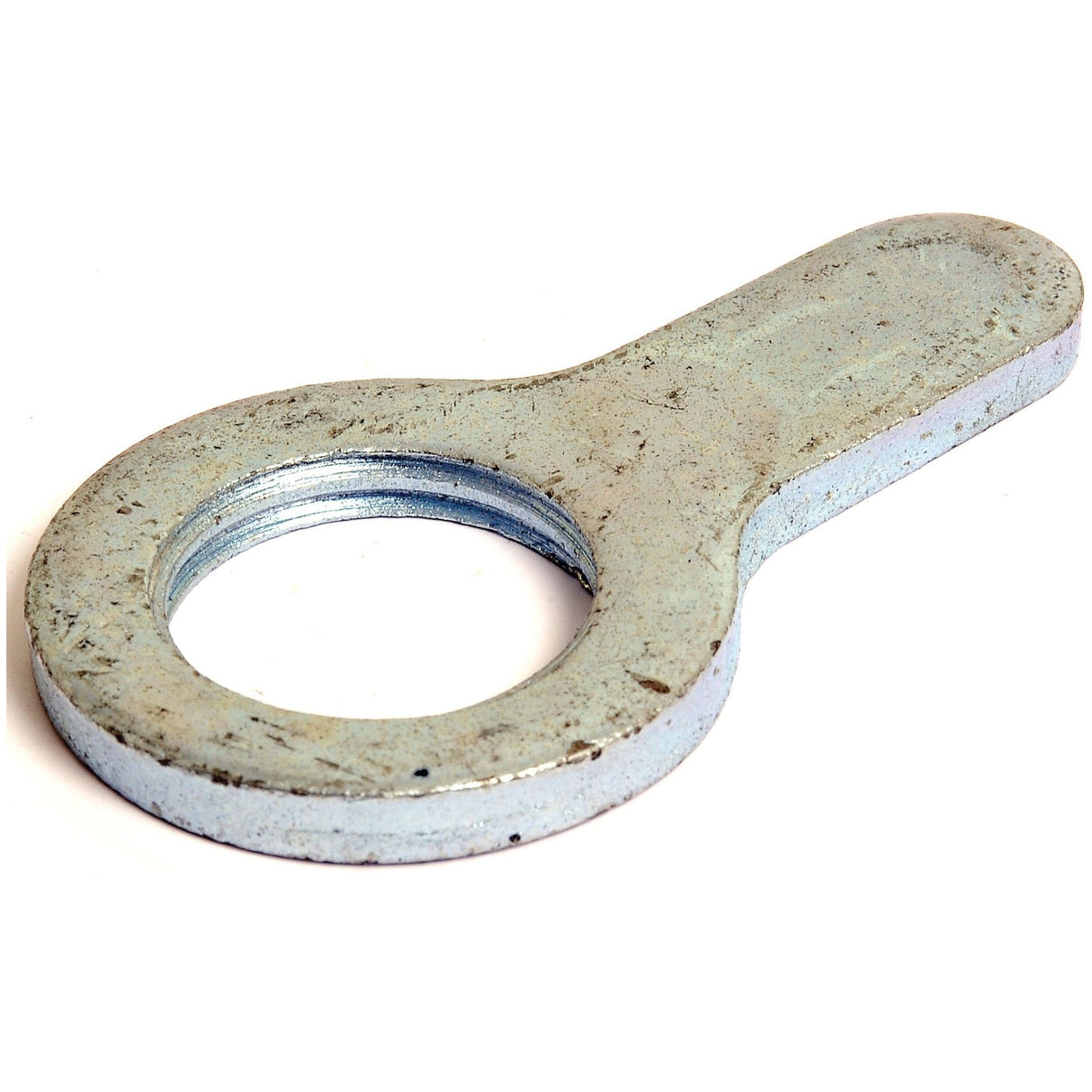 Close-up image of the Top Link Locking Collar (Cat. 2) - S.32952 by Sparex, featuring a prominent circular hole for attachment and a flat, elongated handle. Suitable for various lifting tasks, it meets rigorous product specifications to ensure reliability and strength.
