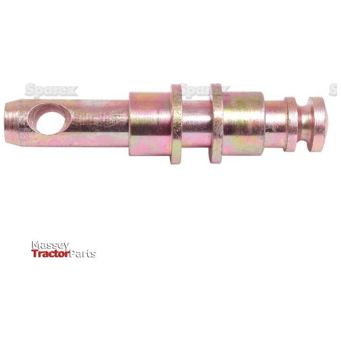 A metal pin part featuring a cylindrical shape, a hole on one end, segmented sections, and a flush end is showcased against a white background. This component is part of the "Top Link Pin - Conversion Kit" (Sparex Part No.S.222) from Sparex. The logo displayed is "Massey Tractor Parts.