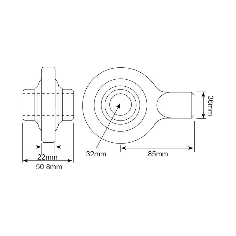 Technical drawing of the Top Link Weld On Ball End (Cat. 3) | Sparex Part No.S.4216 by Sparex with dimensions. The front view shows a width of 50.8mm and a diameter of 22mm, while the side view displays a total length of 85mm, inclusive of a 36mm wide handle and a circular section with a diameter of 32mm. Product specifications provide detailed measurements essential for precise manufacturing.