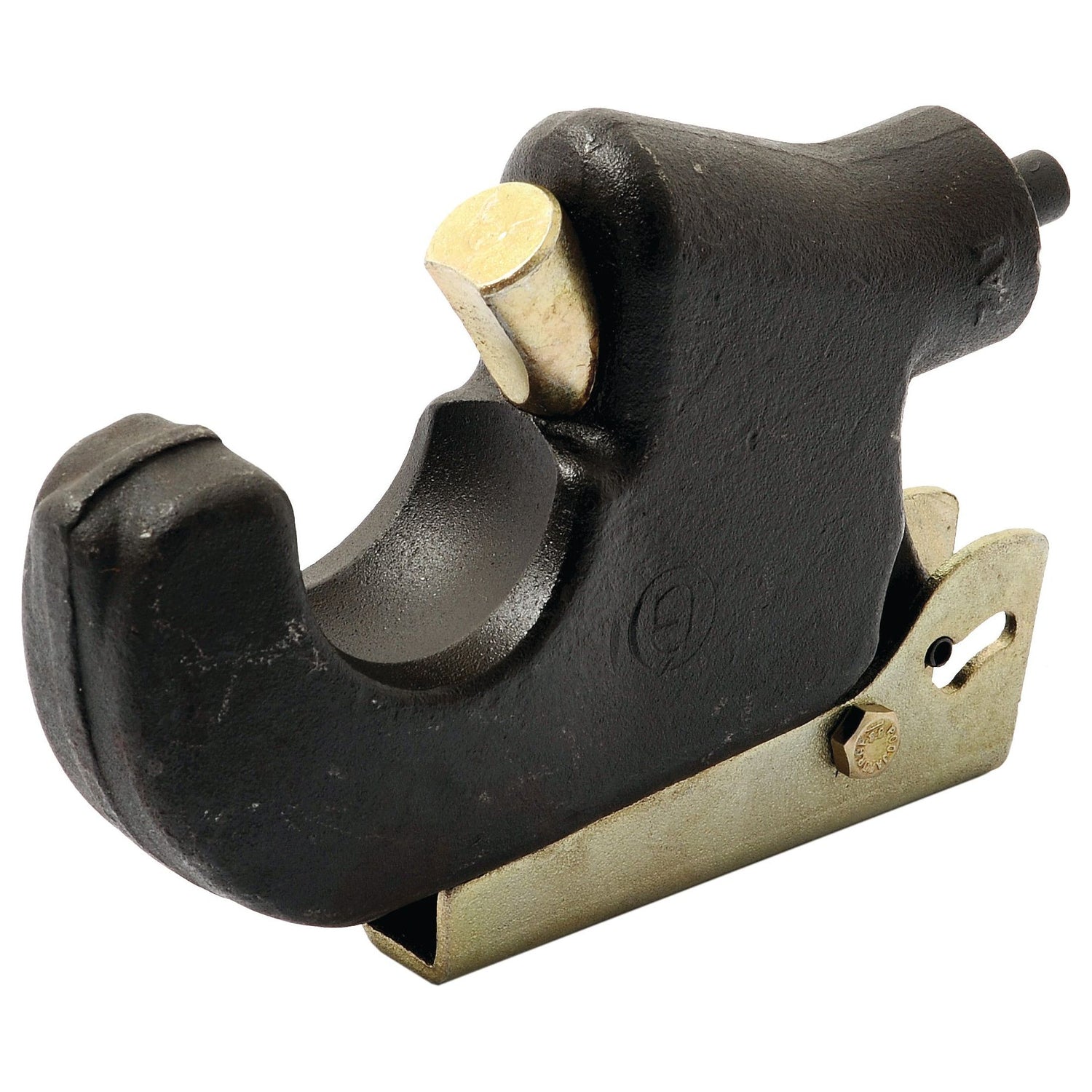 A close-up of the Top Link Weld On Hook End (Cat. 2) - S.33022 by Sparex, a dark-colored, heavy-duty metal pipe cutter suitable for various pipes, features a rotating cutting wheel and a sturdy support base.
