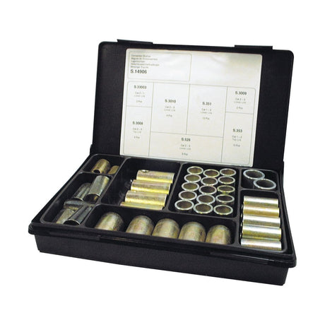 A Sparex Top and Lower Link Conversion Bushes kit (Cat. 2 to 1, 3 to 2) containing 43 pieces organized in a black Compak case, featuring various sized metal spacers and bushings neatly arranged in compartments with a specification chart displayed on the inside lid (Sparex Part No. S.14906).