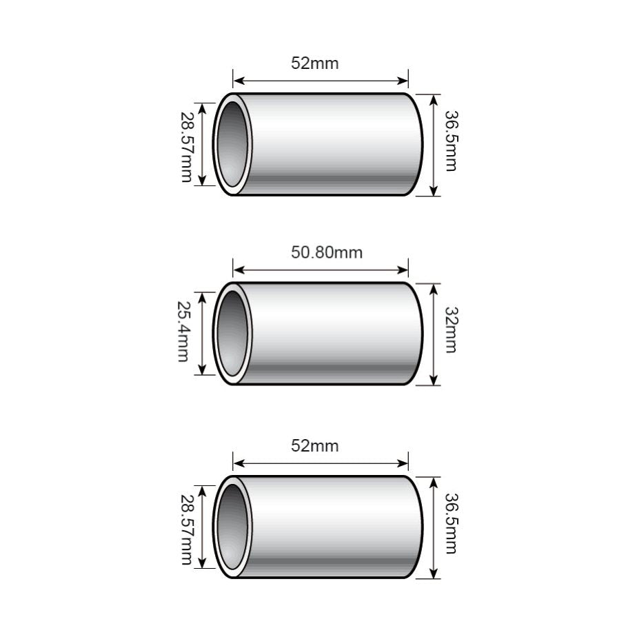 Diagram depicting three different cylindrical pipes, each labeled with their respective diameters and lengths. The top and bottom pipes measure 52mm in diameter, while the middle pipe measures 50.80mm. This setup can be useful when employing the Top and Lower Link Conversion Bushes (Cat. 3 to 2) from Sparex or Agripak (Product Code: S.4121), where precision dimensions are crucial.