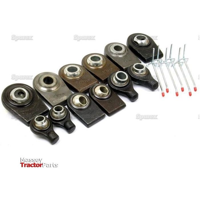 A set of Top and Lower Link Weld On Ball Ends (12 pcs.) by Sparex, along with five cotter pins labeled under Tariff Code 7303009090, are displayed in rows on a white background.