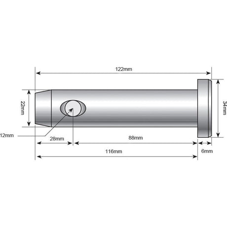 Technical drawing of the Top link pin 16x54mm Cat. 0 - S.15010 from Sparex, featuring various dimensions labeled, including lengths of 122mm and 116mm, and diameters of 28mm, 22mm, 12mm, 6mm, and 35mm. The design incorporates wedge lock washers for enhanced stability under dynamic loads.