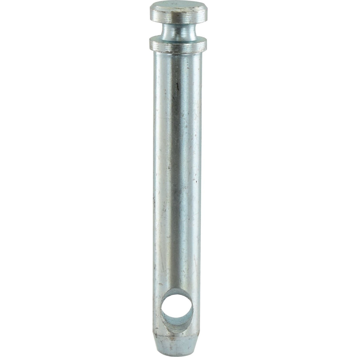 The "Top link pin 19x102mm Cat. 1 (Sparex Part No.S.74)" by Sparex is a cylindrical metal pin featuring a flange near the top and a hole near the tapered bottom end, commonly used in tractor parts.