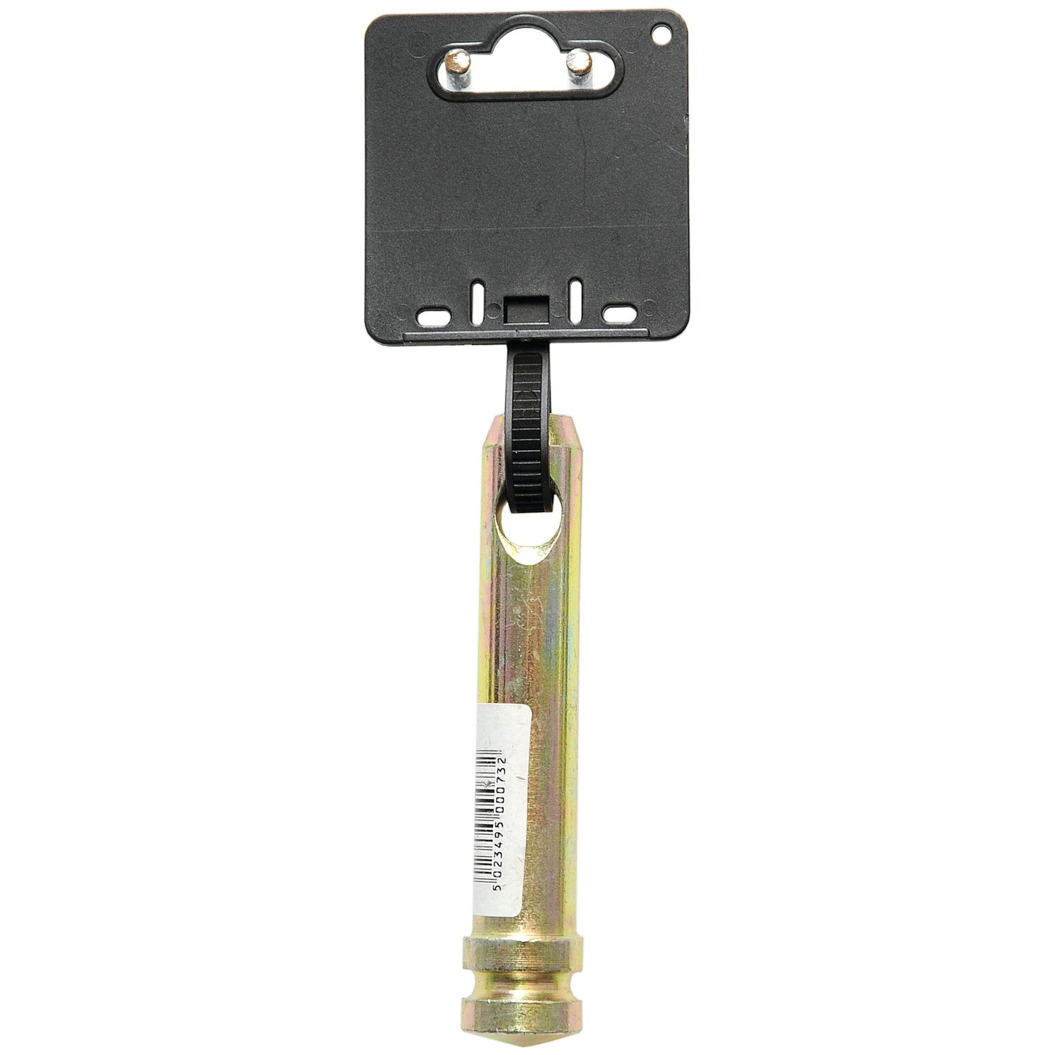 A Sparex Top Link Pin (S.900073) with a 19mm pin diameter features a cylindrical metallic body and a black plastic clip at the top, connected to a rectangular black piece equipped with a hook-slot for hanging. A barcode sticker on the shaft identifies it as a Sparex product.
