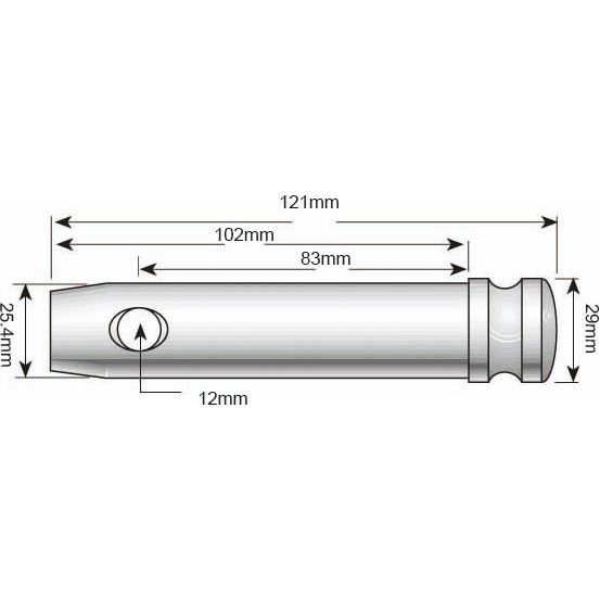 Diagram of a cylindrical object with detailed measurements, including a Sparex Top Link Pin - S.900079, 121mm overall length, 29mm diameter, and other labeled sections like 102mm, 83mm, 25.4mm, and a 25mm pin Ø.