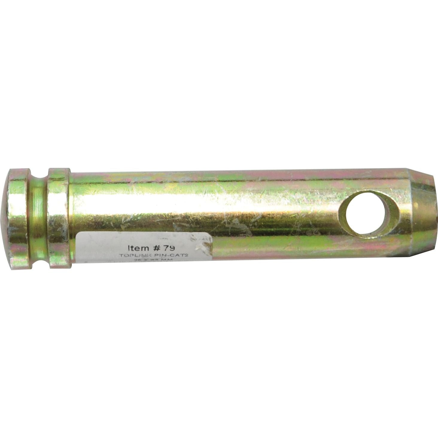 A metallic cylindrical object with a small hole near one end and a barcode label reading "S.900079." This Sparex Top Link Pin measures 25mm in diameter and has an overall length of 121mm.