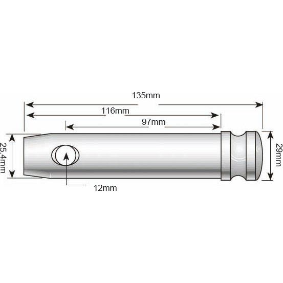 Technical drawing of a cylindrical object with dimensions noted: total length 135mm, 116mm and 97mm sections, diameter 25.4mm on the left end, 12mm on the smaller end, and 29mm on the right. This part is compatible with Sparex components for Ford / New Holland models. Product Name: Top link pin 25x97mm Cat. 2 | Sparex Part No.S.76 | Brand Name: Sparex