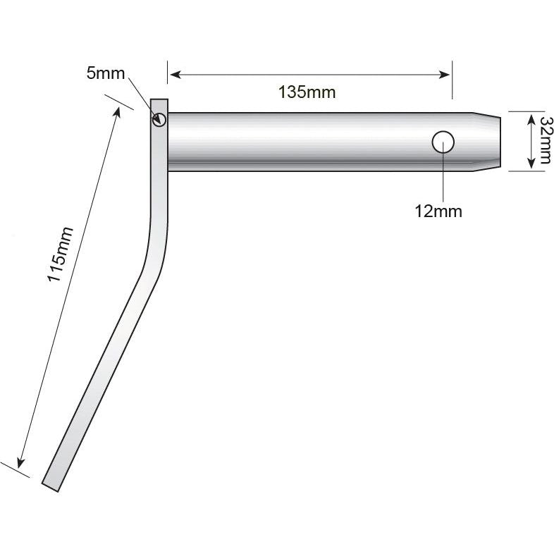 Diagram of the Sparex Top Link Pin - Double Shear Cat.3 (Sparex Part No. S.21660) with dimensions: 135mm working length, 5mm thickness, 115mm vertical section, and 32mm top width with a 12mm hole.