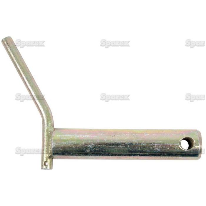 The Top Link Pin - Double Shear 32x135mm Cat.3, Sparex Part No. S.21660, is a silver-colored metal tool featuring a cylindrical body, a small hole near the base, and an angled protruding handle. The background showcases the word "Sparex" in light gray font. This Sparex Category 3 tool offers a reliable and precise working length of 135mm for your tasks.