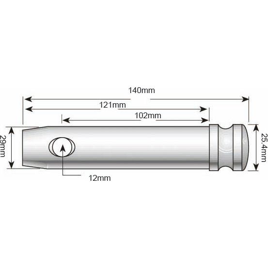 Technical drawing of a cylindrical object labeled with dimensions: 140mm length, working length 102mm, Top link pin & chain 25x102mm Cat. 2 | Sparex Part No.S.5364, Pin Ø 25mm, 121mm, 29mm, and 12mm.
