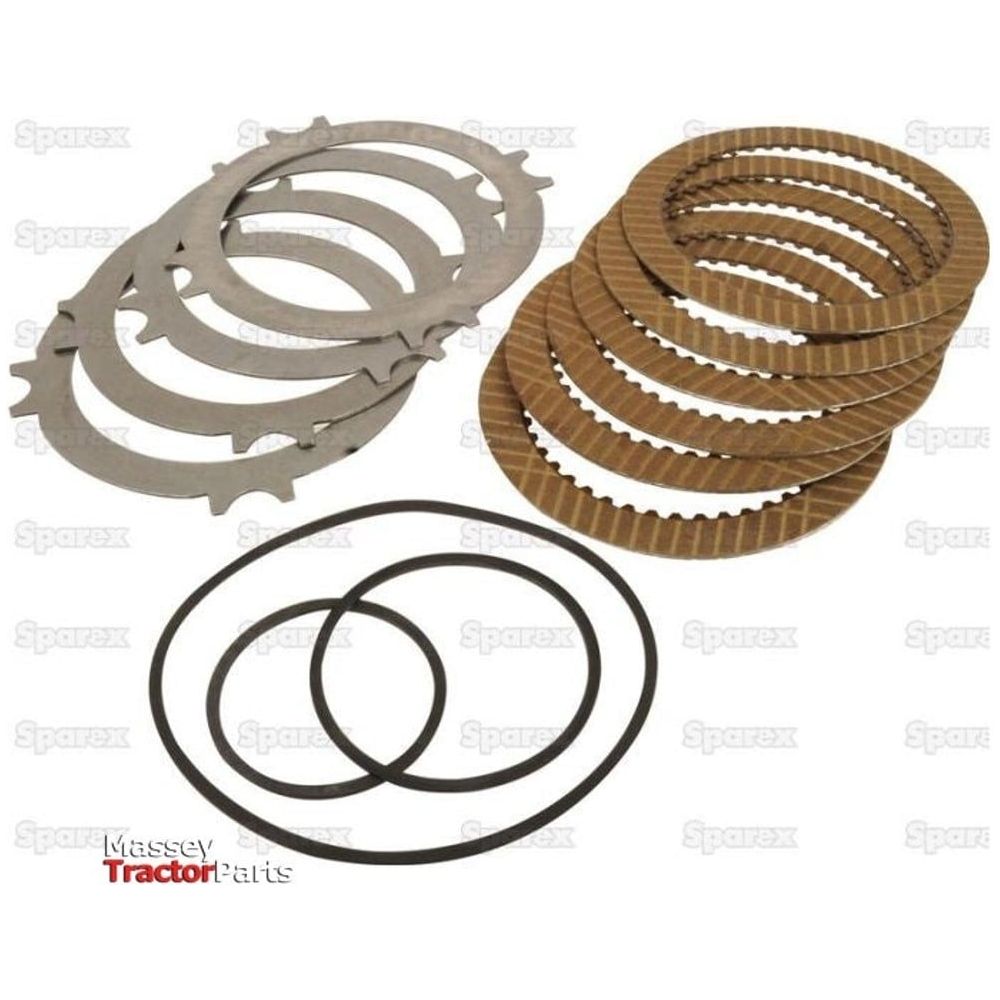 A set of metal and cork clutch plates with rubber gaskets, labeled Massey Tractor Parts and Sparex in the background, alongside a Sparex Torque Amplifier Kit (Sparex Part No.S.56953).