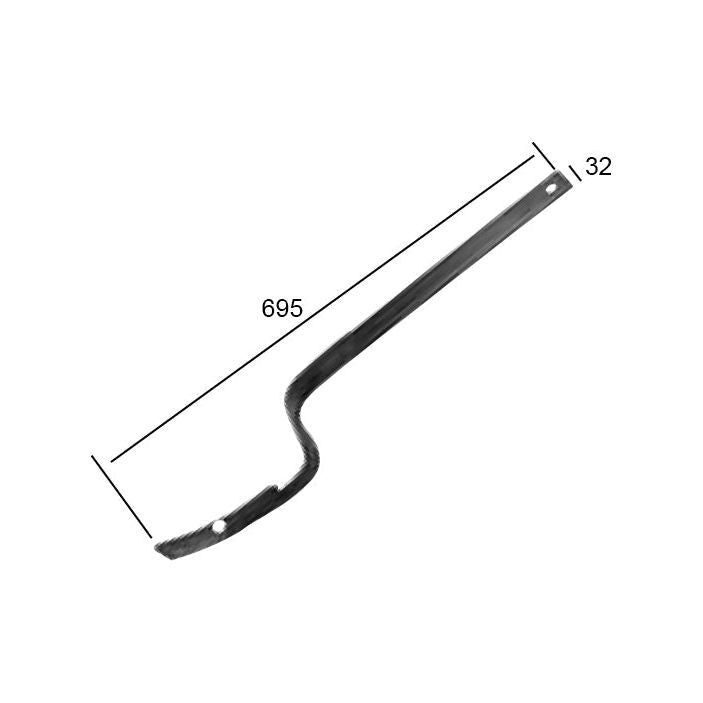 The Track Eradicator Tine Rear Facing Tine by Sparex, measuring 32 mm in width, 10 mm in thickness, and 695 mm in length with a curved end and a hole at each end, is suitable for Universal Tractors. Officially known as Sparex Part No. S.78207.
