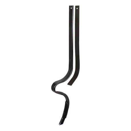 Two black metal plant hangers, one straight and one with a decorative curve, designed to be mounted on a wall or post, perfect for adding a touch of elegance to your Sparex Track Eradicator Tine setup (Section: 32 x 10 mm, Length: 570 mm | Sparex Part No. S.78138).