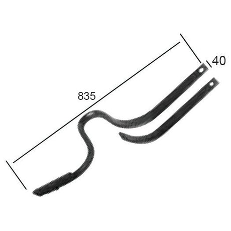 A metal hook tool known as the Sparex Track Eradicator Tine features a curved section, measures 770 mm in length and 40 mm in width, and is ideal for use with Universal Tractors.