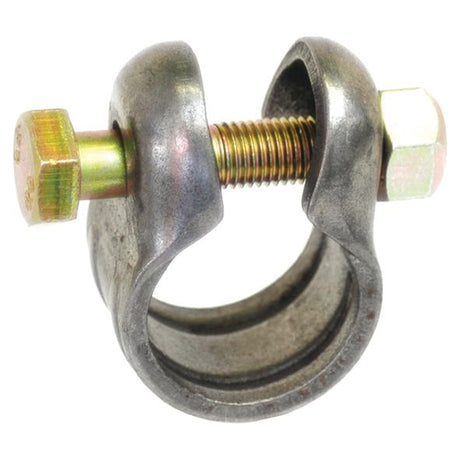 The Track Rod Clamp, Sparex Part No. S.34630, from Sparex is a metal clamp featuring an attached 22mm hexagonal bolt and nut, ideal for securing rods or pipes and commonly used in applications like the 2WD Female Track Rod.