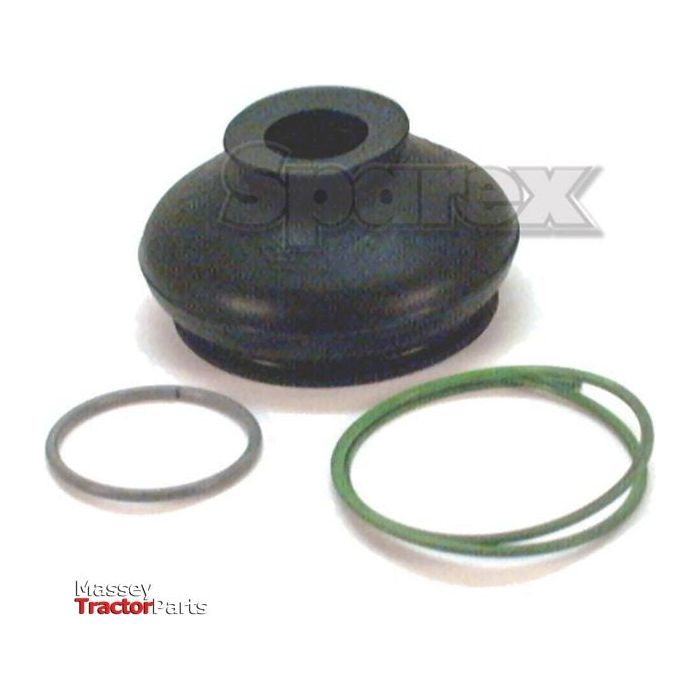 A Track Rod End Rubber Boot - S.31485 from Sparex, along with three O-rings and a black rubber gasket, are arranged on a white background. The text "Sparex" is overlaid in the image, indicating it is suitable for various applications.
