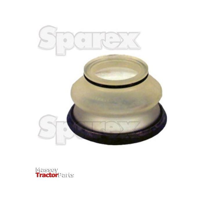 Image of a tractor part described as the "Track Rod End Rubber Boot - S.31492," which is a clear, flexible rubber suspension component with a black base, featuring the brand "Sparex" and "Massey Tractor Parts" in the background—suitable for various models. For more information, refer to the product manufacture details.