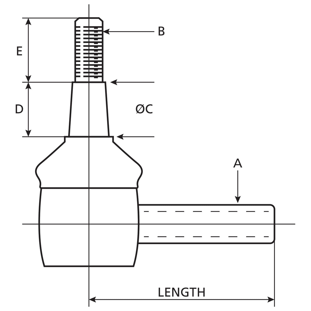 Technical drawing of a Sparex Track Rod for a Massey Ferguson with various dimensions labeled, including "LENGTH" (270mm), "ØC," "A," "B," "D," and "E." The part features both a threaded section and a cylindrical section. Sparex Part No.S.137462.