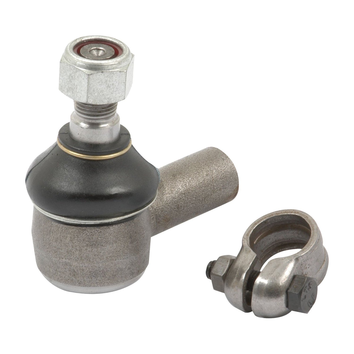A Sparex Track Rod, Length: 60mm - S.71113 featuring a metal ball joint with a female thread and an attached nut and bolt, alongside a separate clamp component.