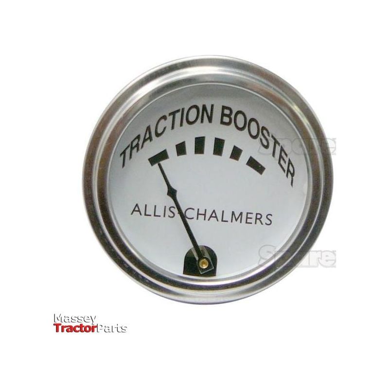 Close-up of the round Traction Booster Gauge (Sparex Part No. S.69205) for Allis-Chalmers machinery, featuring a needle in the lower part of the scale. The Sparex branding logo is visible at the bottom left.