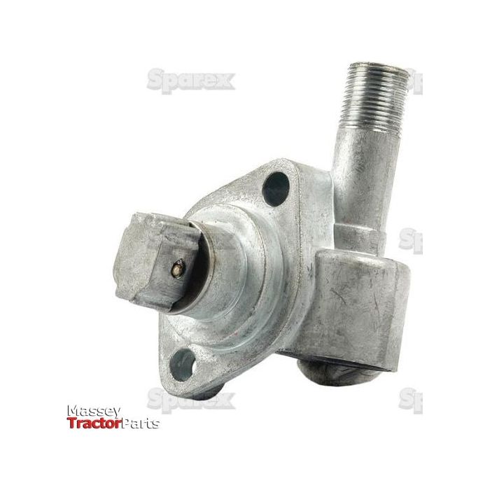 Close-up view of a metallic tractor part with a threaded pipe connector and mounting bracket. The name "Sparex" is visible in the bottom left corner, suggesting it could be the Tractormeter Drive Unit (Sparex Part No.S.42638), an essential component for a 23C 4 Cyl Diesel Engine by Massey Ferguson.