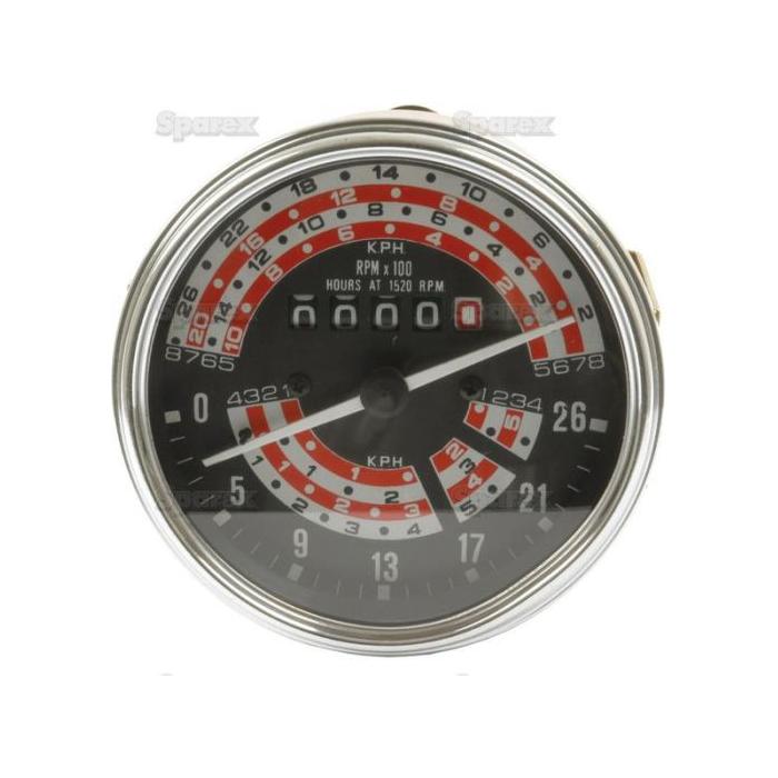 The Tractormeter (KPH) by Sparex, part number S.41083, is a round tachometer with a black face featuring multiple numeric indicators in red and white. It displays speed in KPH and RPM, all enclosed in a silver casing, and includes a reliable Sparex tacho drive.