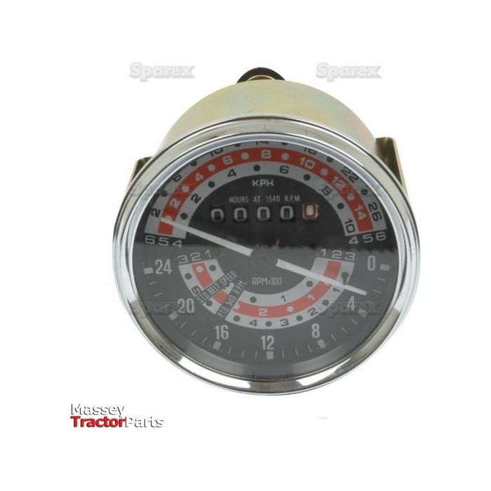 Close-up of the Tractormeter (KPH) by Sparex, showcasing the tachometer and speedometer gauges with measurements in KPH and RPM, as well as an hour meter. Notice the attention to detail with Sparex components and screw terminals enhancing its durability and precision.